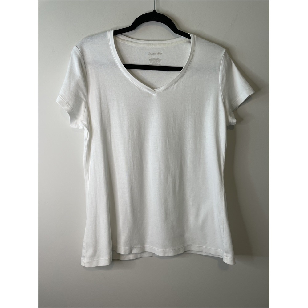 St John's Bay Tshirt Women L White V Neck Cotton Short Sleeve Classic Minimalist